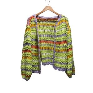 Bailey Rose Chunky Knit Cardigan Size L Bright Multi Color Striped Open Front